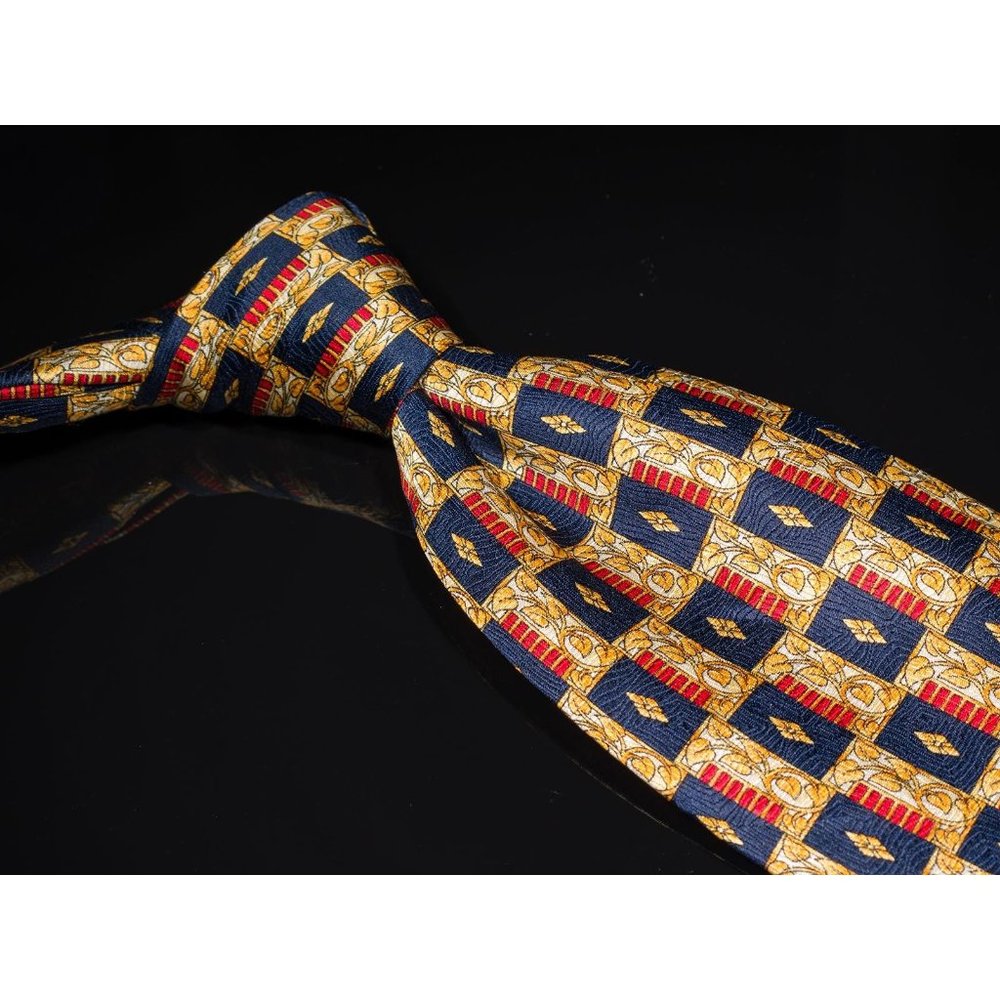 Richel Gold Navy Blue Checkered 100% Silk Mens Designer Tie